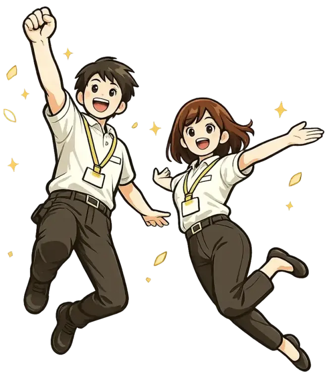 両腕を広げて喜ぶ2人のスタッフ