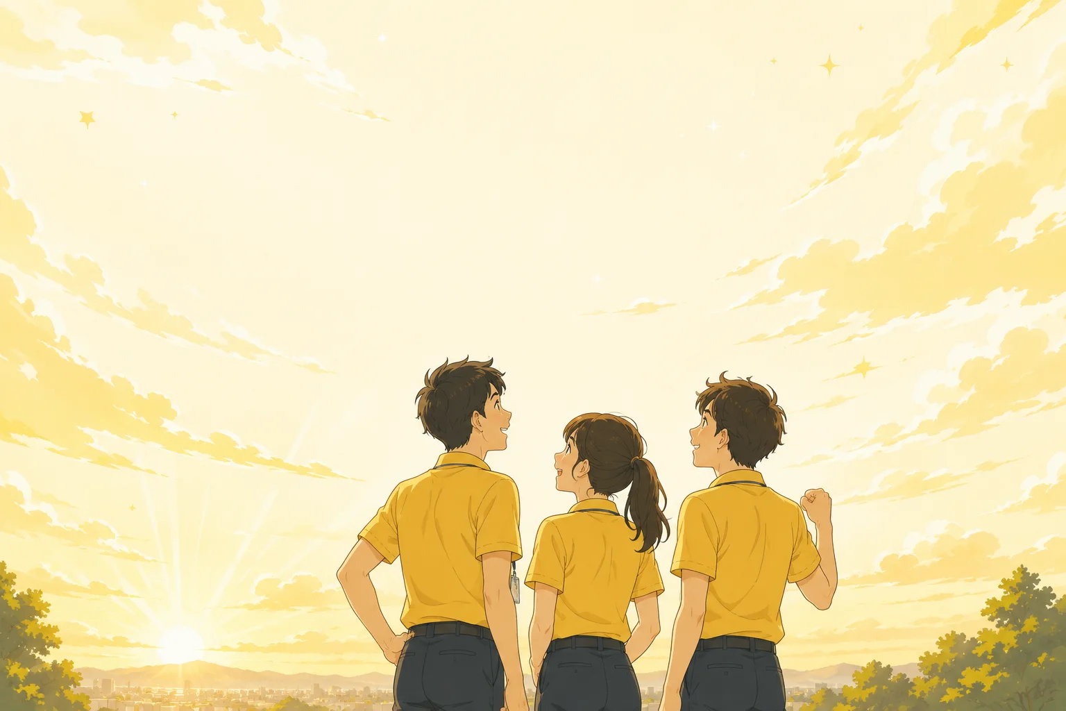 朝日に照らされた空を見上げる3人のスタッフ
