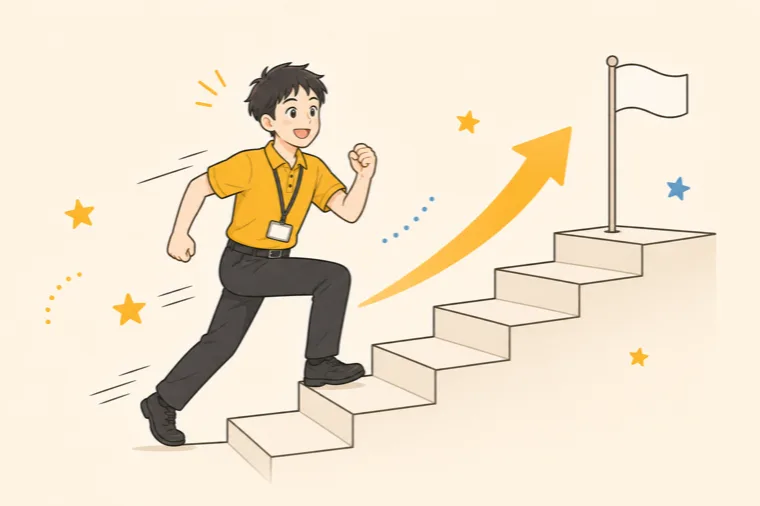 階段を駆け上がるスタッフ